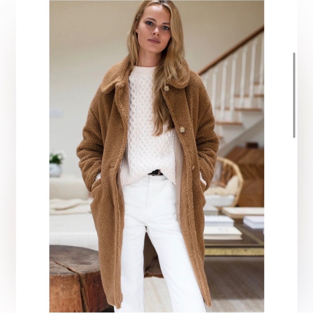 Emerson Fry Teddy Sherpa Midi Fleece Coat Long Camel Tan Women XS Button Up Cozy